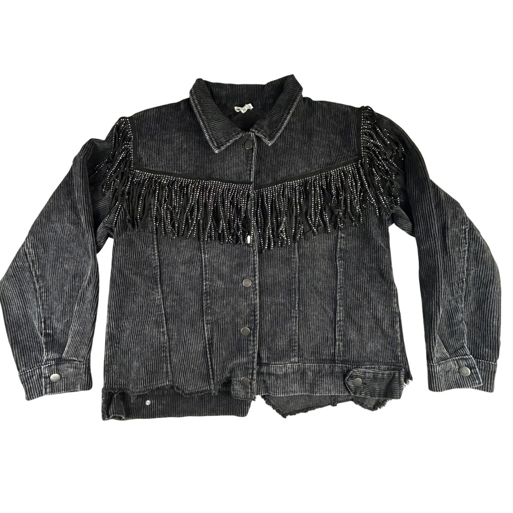 POL Black Corduroy Rhinestone Western Dolly Fringe Jacket Womens Medium